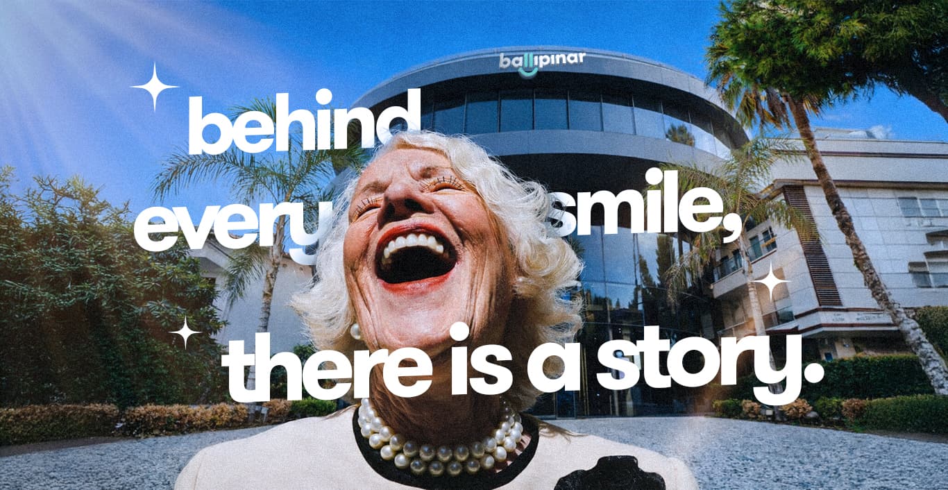 Ballıpınar Dental's clinic building in Antalya, with the words: behind every smile, there is a story