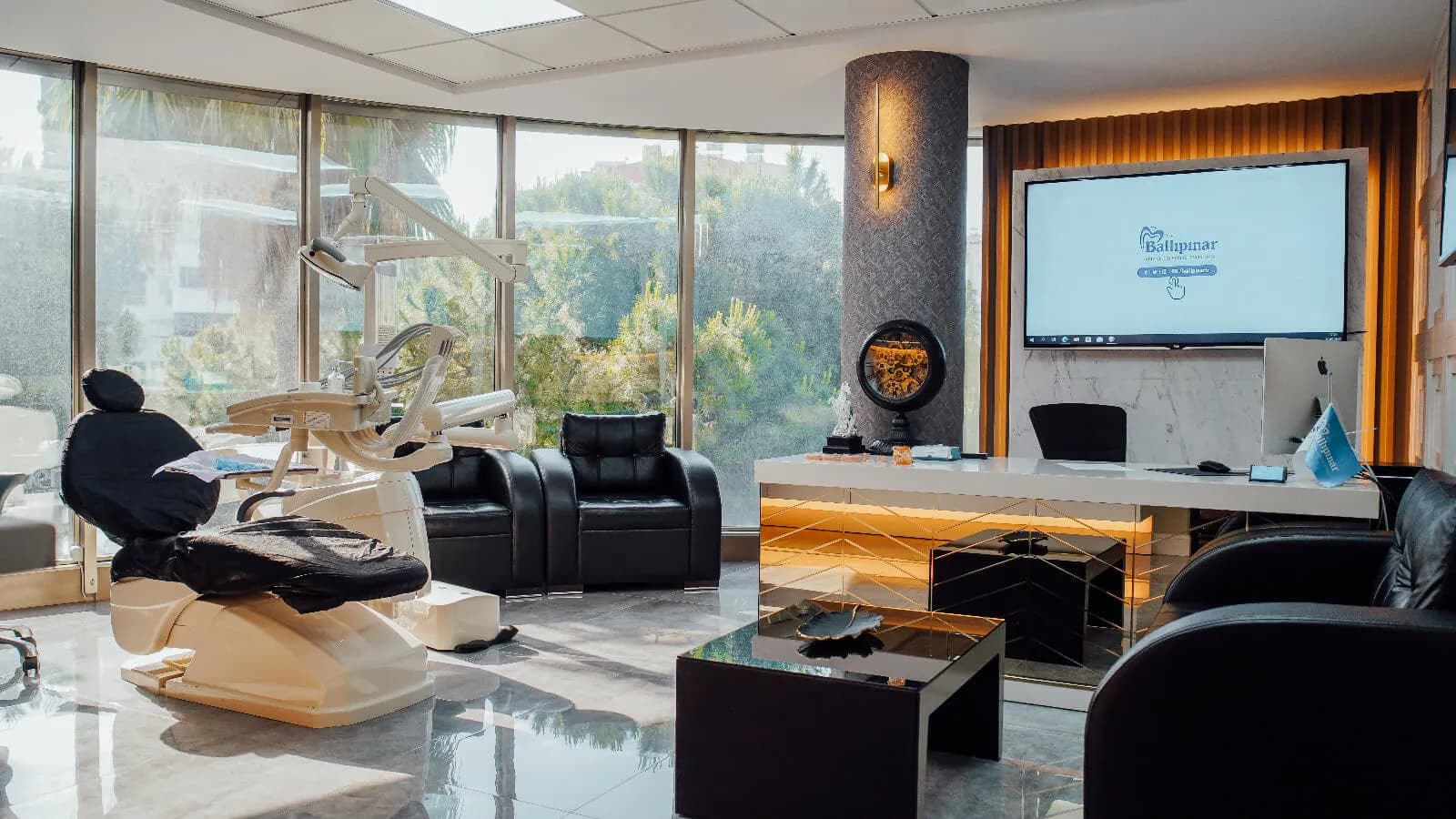 The consultation room at Ballıpınar Dental, with a treatment chair, a desk and the clinic's screen, looking out over pine trees