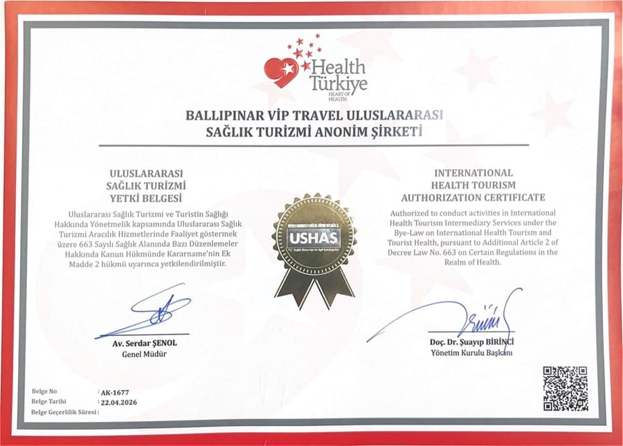 International Health Tourism Authorization Certificate AK-1677, issued to Ballıpınar VİP Travel Uluslararası Sağlık Turizmi A.Ş.