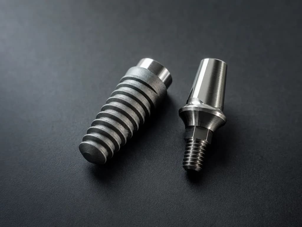 A macro photograph of a single titanium implant fixture beside its abutment on a dark surface