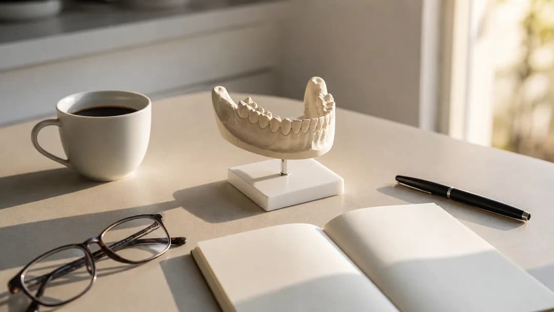 A plaster dental model, a pen and a blank notepad on a pale desk in morning light