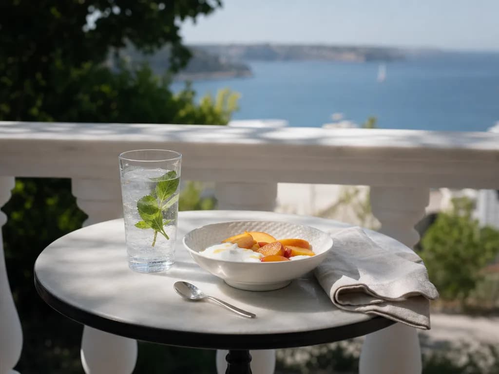 A balcony table with iced water and a bowl of soft fruit, looking out over the sea