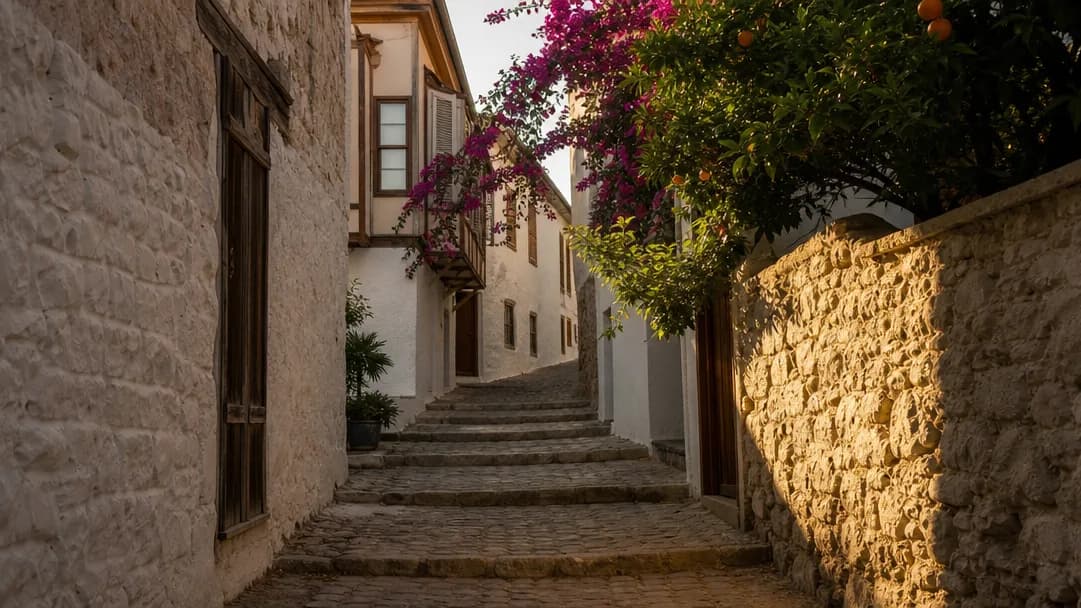 A cobbled old-town street with overhanging orange trees and pale stone walls
