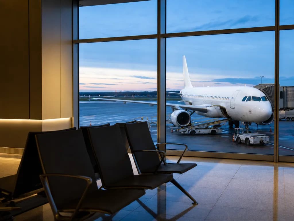 Empty airport gate seating at dawn with an aircraft on stand beyond the glass