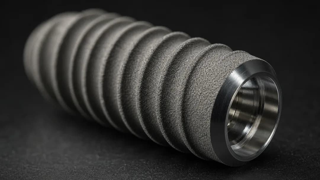 A macro photograph of the roughened surface of a titanium implant on a dark background