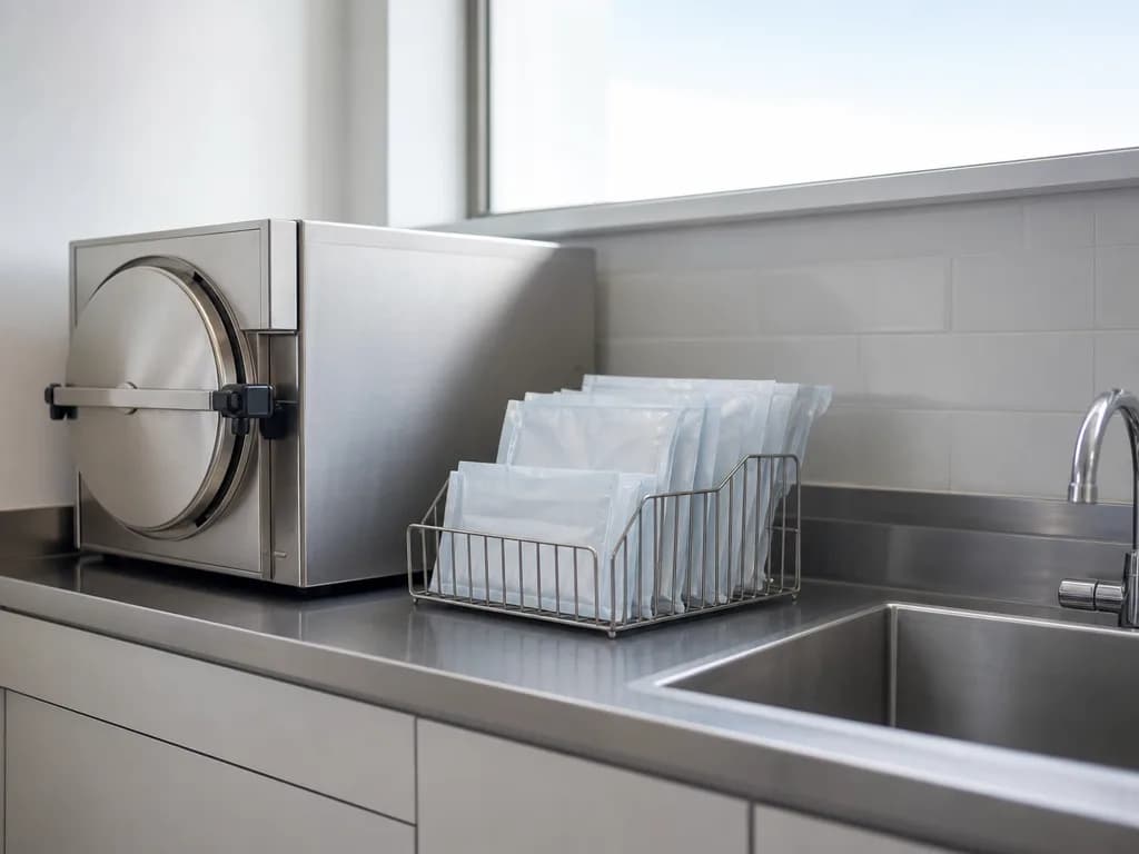 A sterilisation room with an autoclave, sealed pouches and stainless steel surfaces