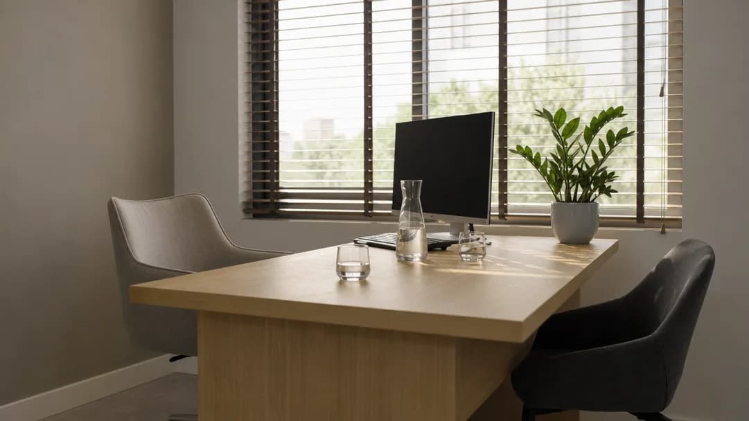 An empty consultation desk with two facing chairs and a switched-off monitor