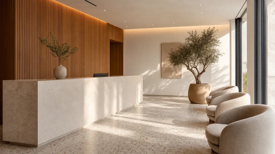 A calm, empty clinic reception with pale stone, timber and Mediterranean daylight