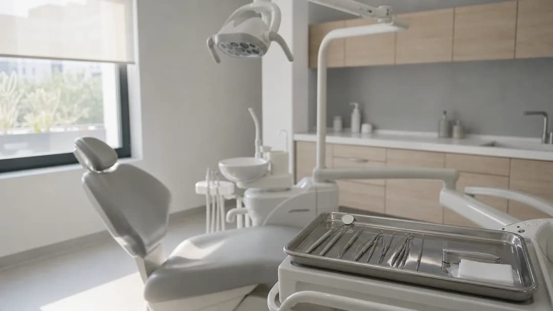 An empty modern dental treatment room with an instrument tray laid out under daylight