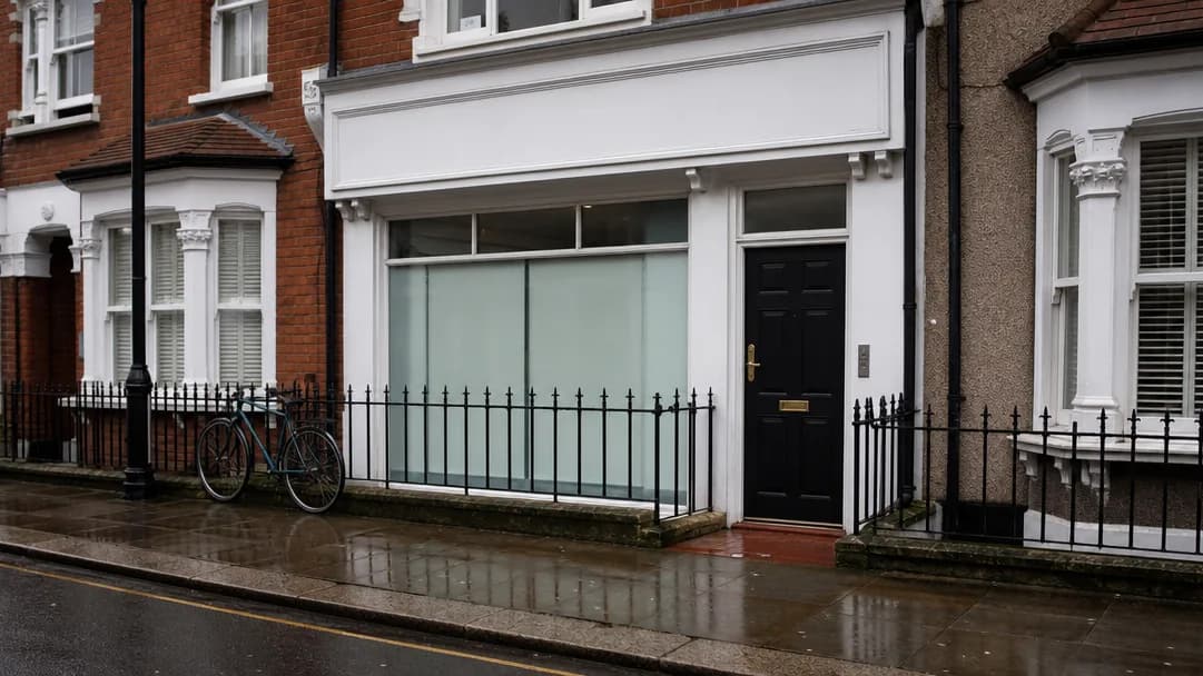 A British high-street dental practice frontage in brick and glass under grey daylight