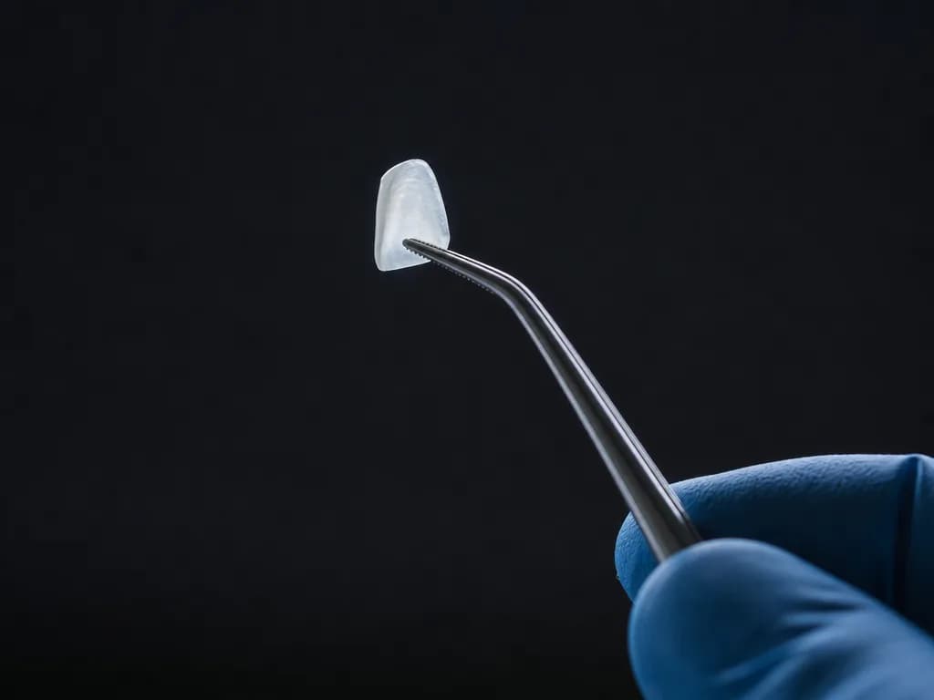 A thin ceramic veneer held in fine tweezers against a dark background
