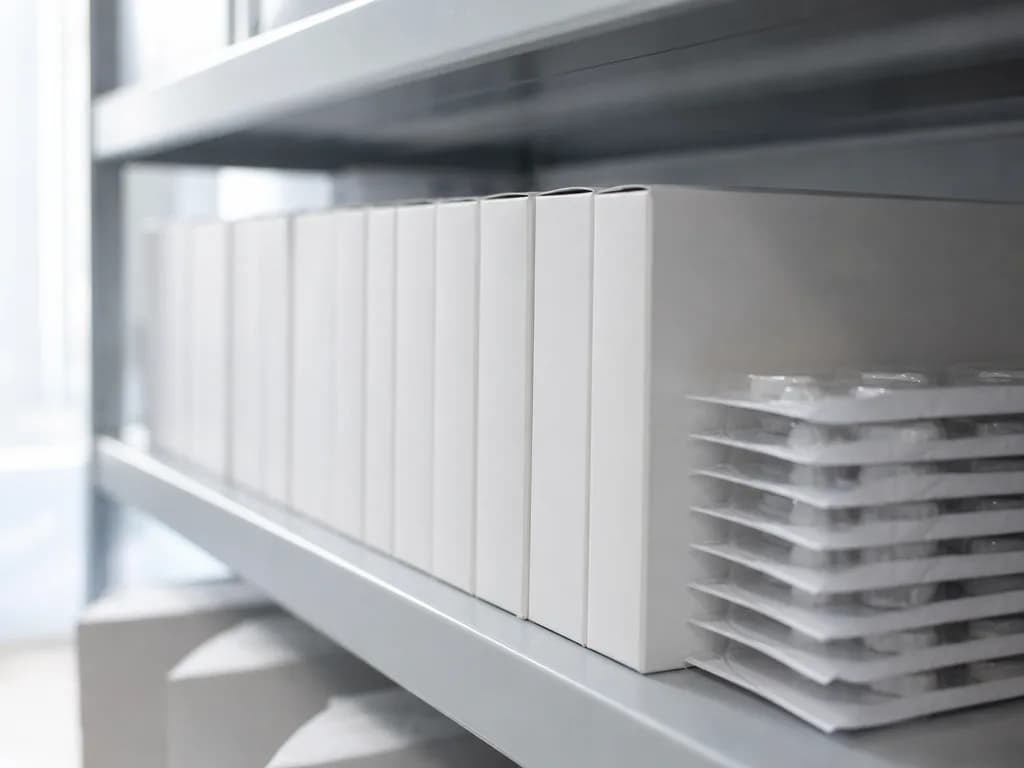 Boxed implant components in plain unmarked packaging arranged on a clinic shelf