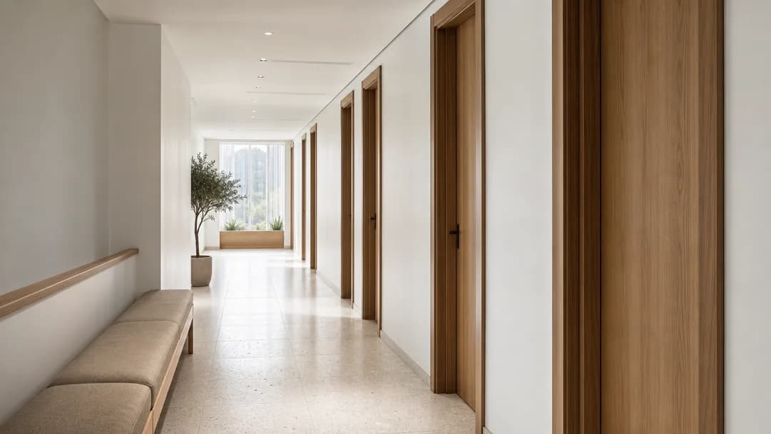 A modern clinic corridor with several treatment room doorways in daylight
