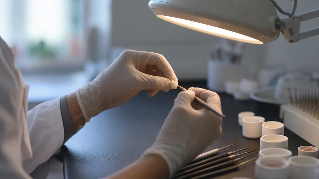 A dental technician's gloved hands shaping a ceramic crown under a bench lamp