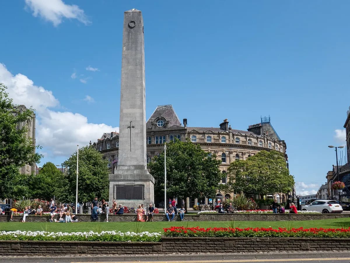 Harrogate: ornate glass-fronted Victorian tea rooms above formal flower gardens