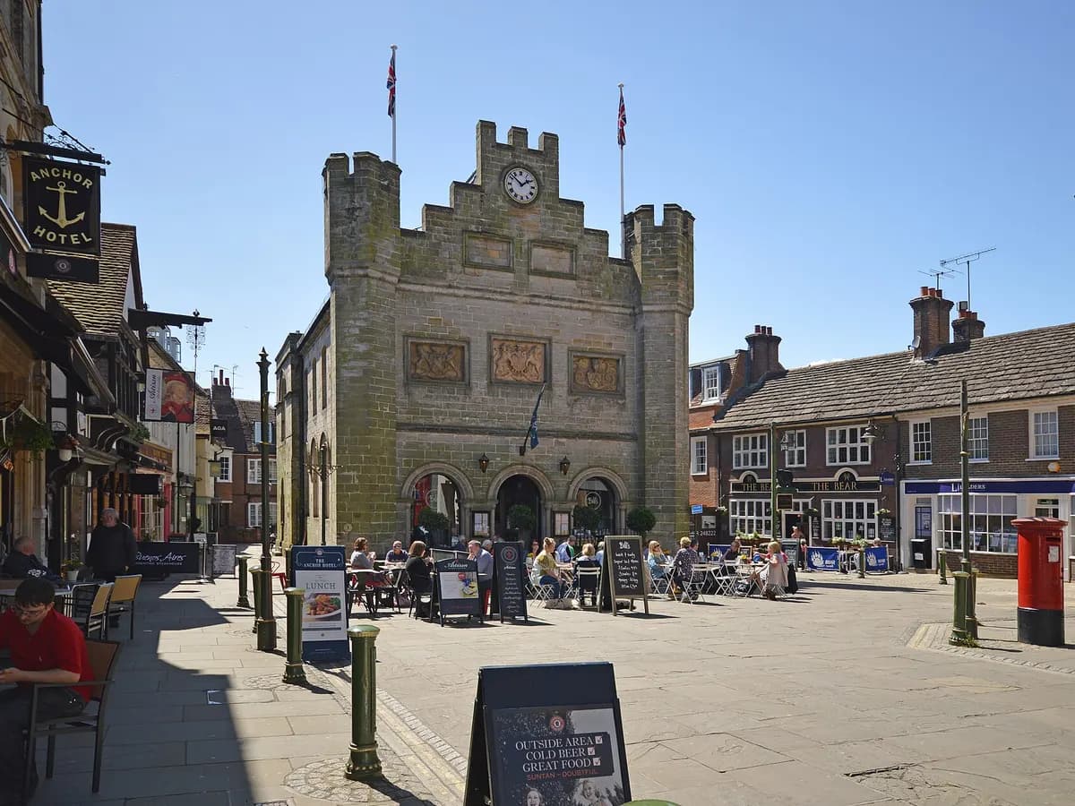 Horsham: a causeway of timber-framed and tile-hung cottages leading to a church