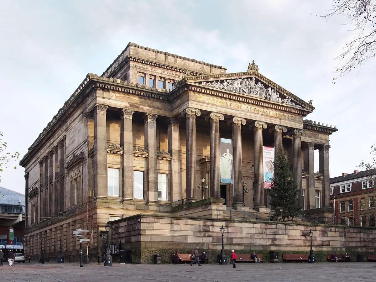 Preston: a grand classical museum building with a columned portico on the market square