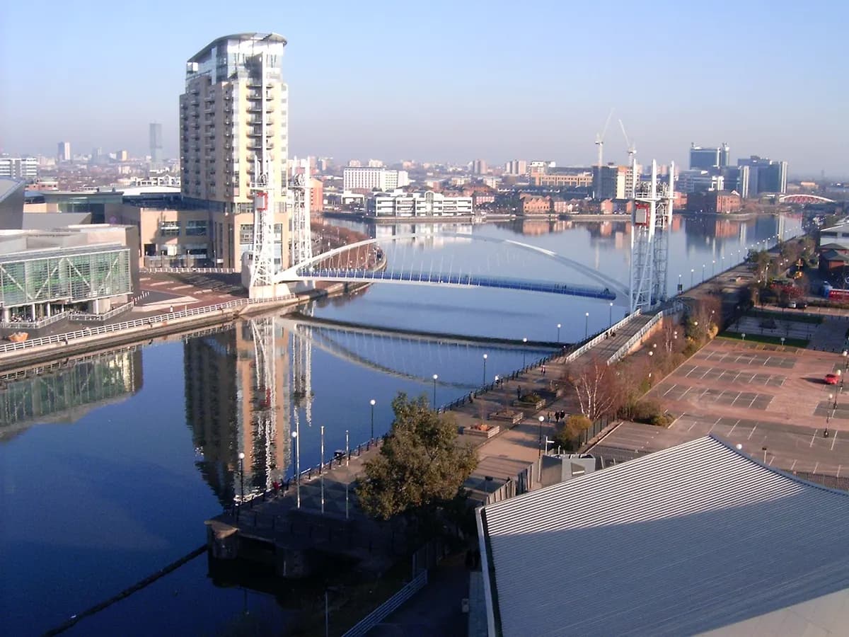 Salford: waterfront quays with a curving white footbridge and angular modern media buildings