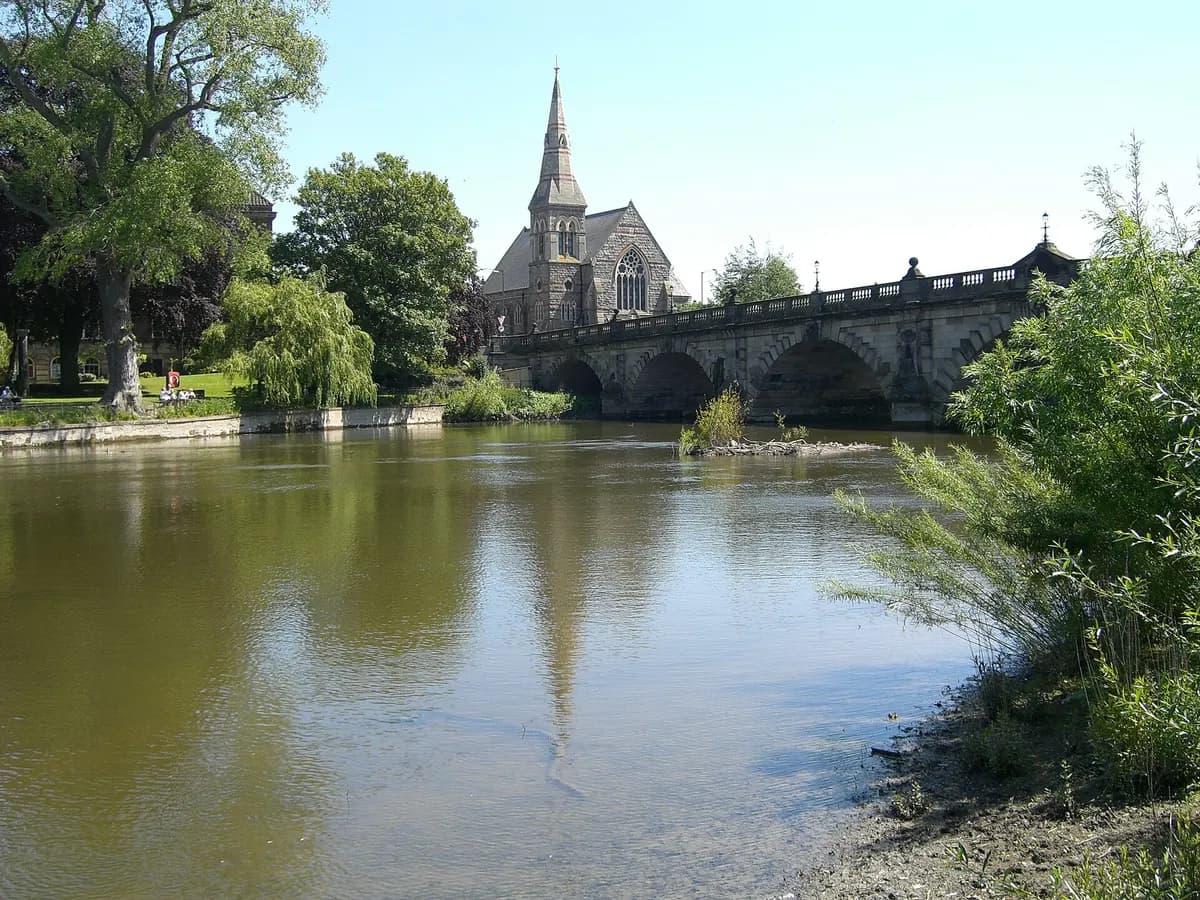 Shrewsbury: black-and-white timber-framed buildings inside a tight loop of river