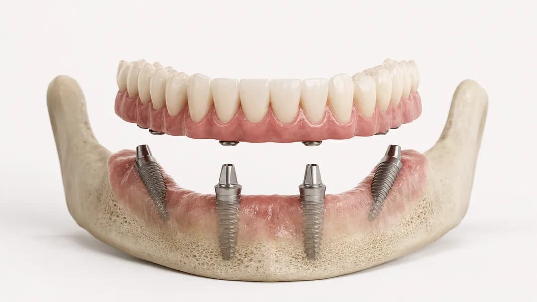 Diagram of a lower jaw with four titanium implants — two upright at the front, two angled at the back — carrying a single fixed bridge of teeth shown above them