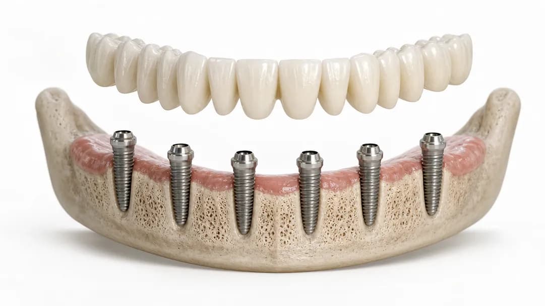 Diagram of a lower jaw with six upright titanium implants evenly spaced across the arch, carrying a single fixed bridge of teeth shown above them