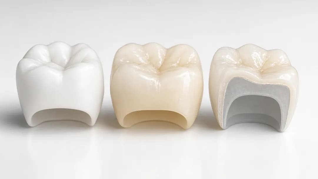 Three dental crowns side by side: one opaque, one translucent, and one cut away to show a thin outer porcelain layer over an opaque inner core