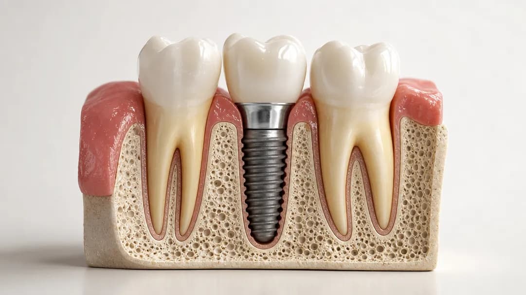 Cross-section diagram: a threaded titanium implant set in the jawbone, carrying a crown, between two natural teeth whose roots are visible
