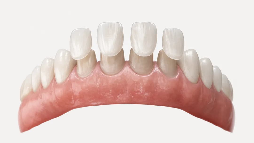 Diagram of an upper dental arch of ten teeth with a faint arc tracing the smile line, the four front teeth shown with thin ceramic facings lifted away from them