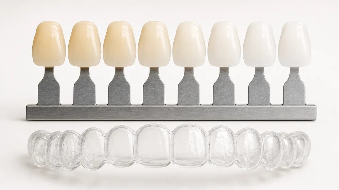 A row of eight stylised teeth shading from deep ivory to bright white like a dental shade guide, with an outline of a clear whitening tray below