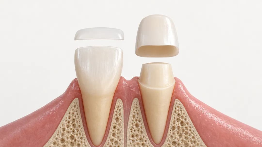 Cross-section comparison: a tooth prepared for a veneer with a thin sliver removed from the front, beside the same tooth prepared for a crown and reduced to a stump on every side