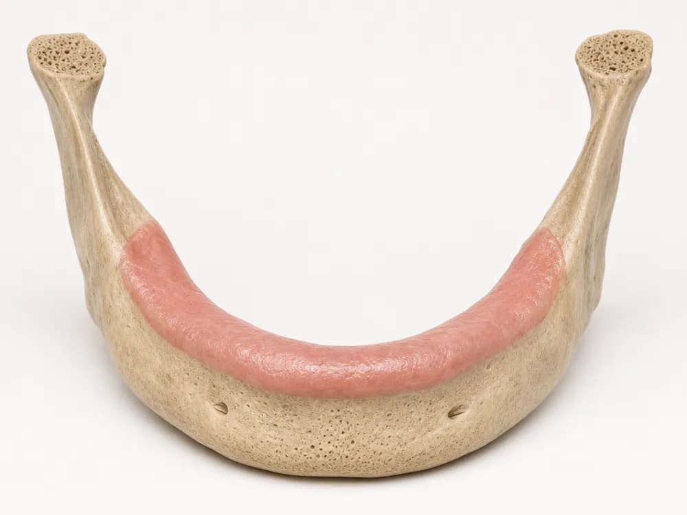 Model of a lower jawbone with no teeth, gum healed over the ridge