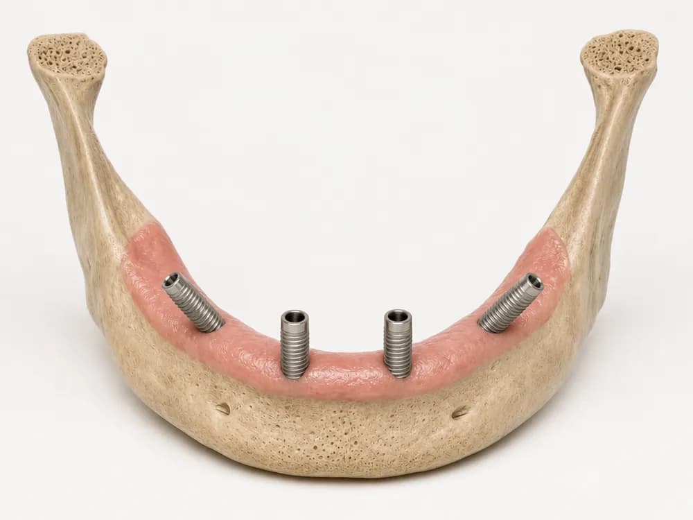 The same jawbone with four implants placed, two upright at the front and two tilted at the back