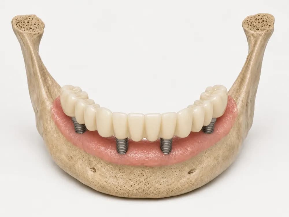 A fixed temporary full-arch bridge seated on the four implants