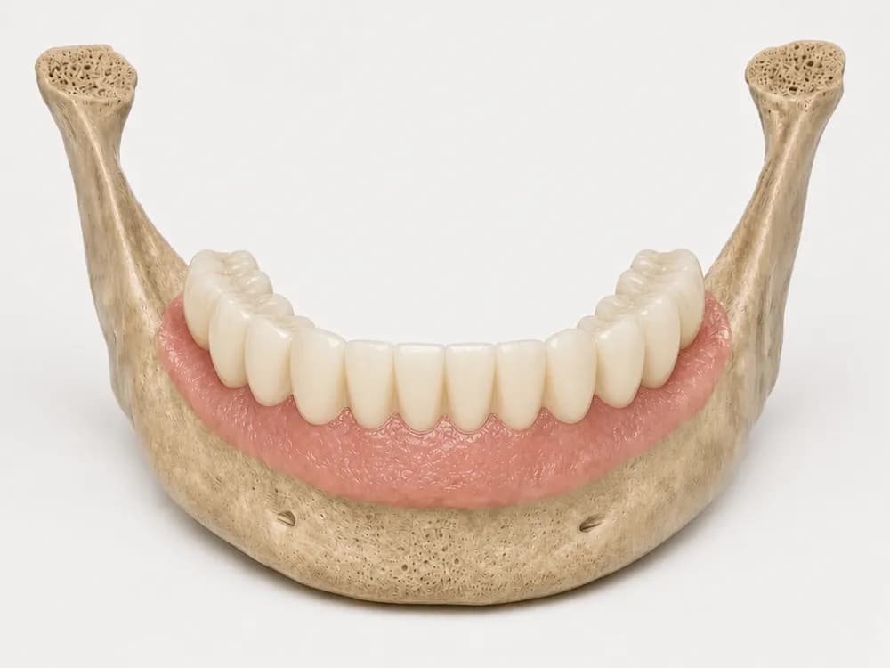 The final glazed ceramic full-arch bridge fixed onto the four implants
