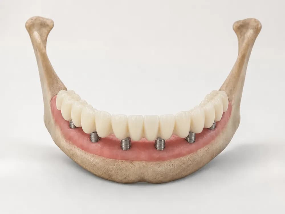 The final glazed ceramic full-arch bridge fixed onto the six implants