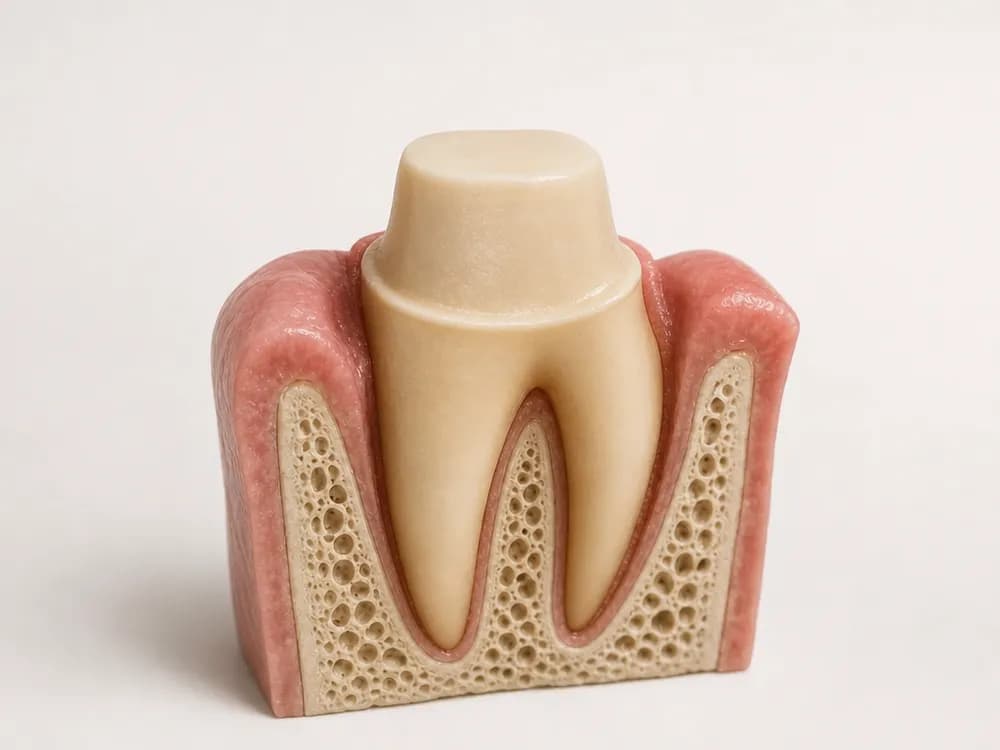 The same tooth reduced to a tapered stump with a clean margin at the gum line
