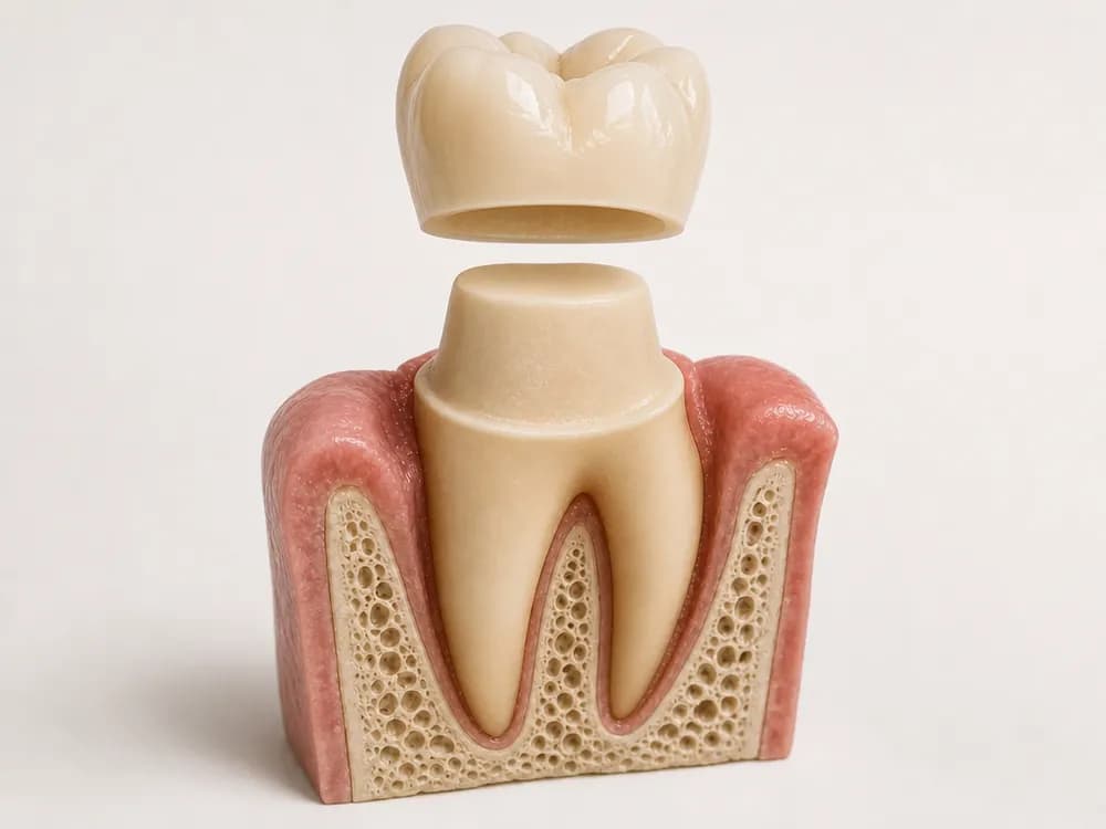 A hollow ceramic crown shown floating above the prepared stump