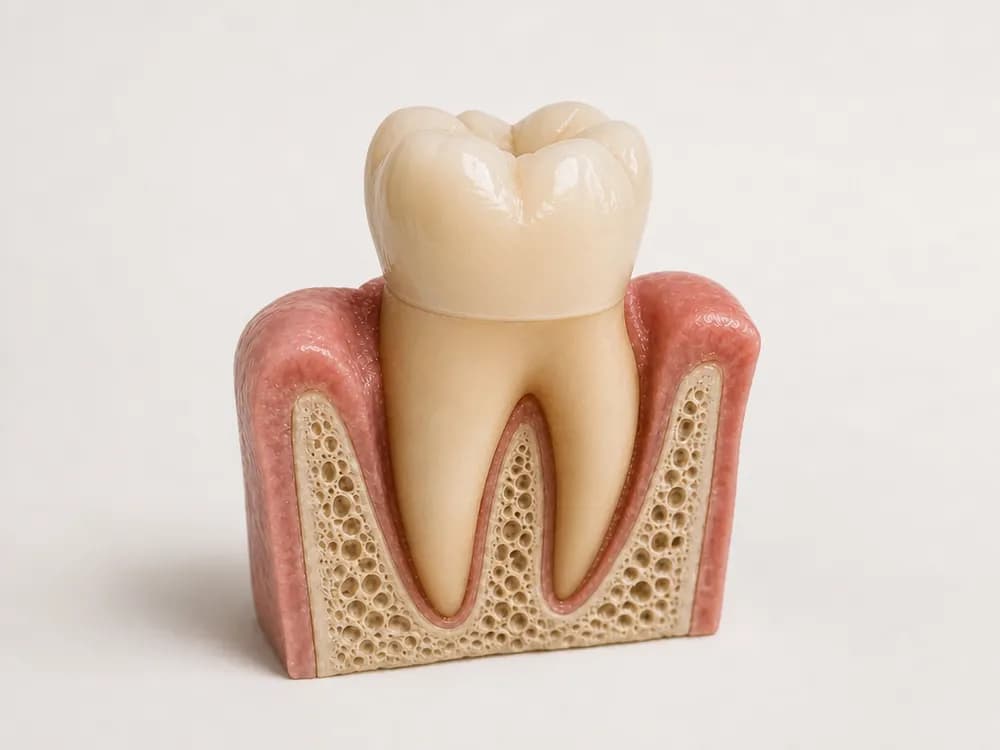 The ceramic crown cemented onto the tooth with a clean margin at the gum line