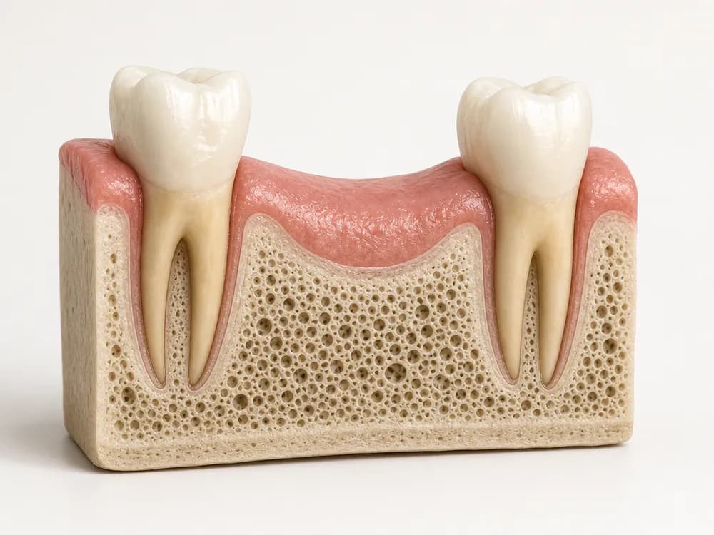 Cutaway model of a jawbone with two natural teeth either side of an empty gap
