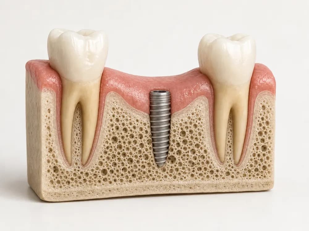 The same jawbone model with a titanium implant now seated in the empty site