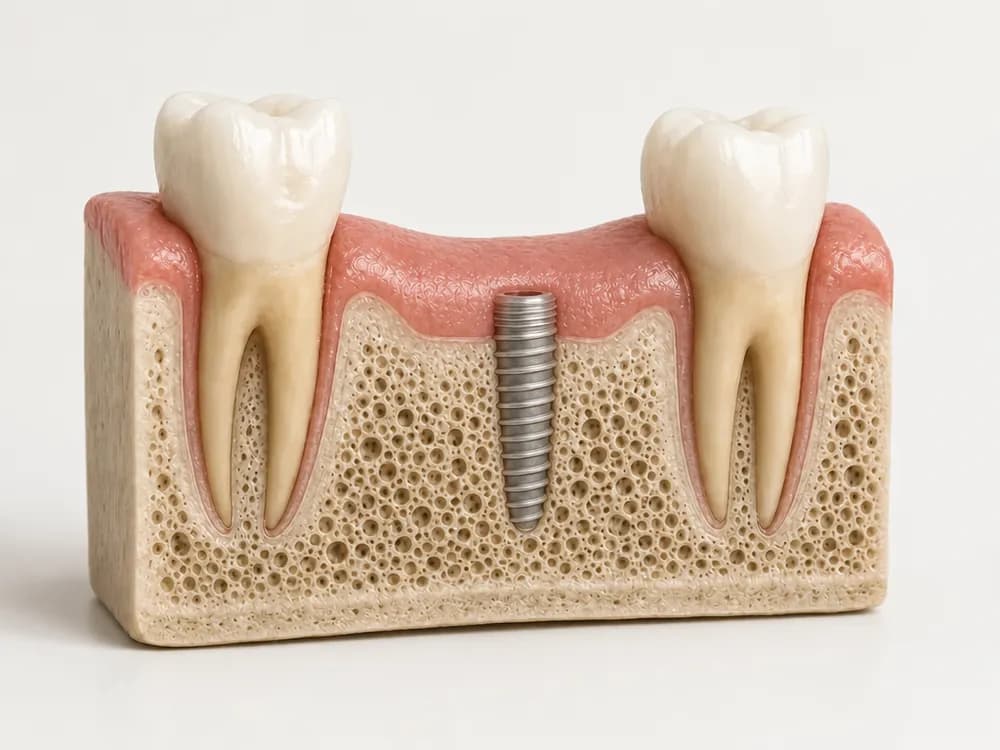 The same model showing bone in tight contact along the full length of the implant threads
