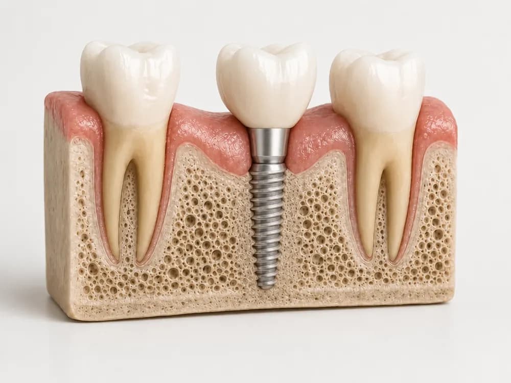 The same model with an abutment and a ceramic crown fitted, matching the neighbouring teeth