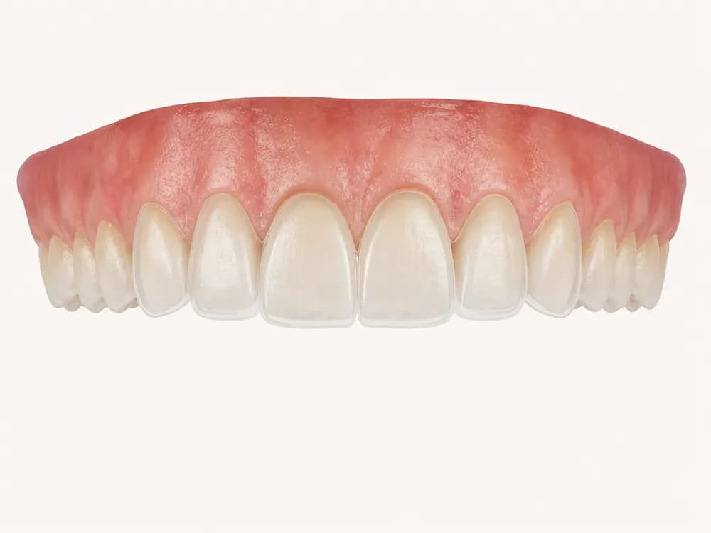 A translucent design overlay showing proposed shape and length over the front teeth
