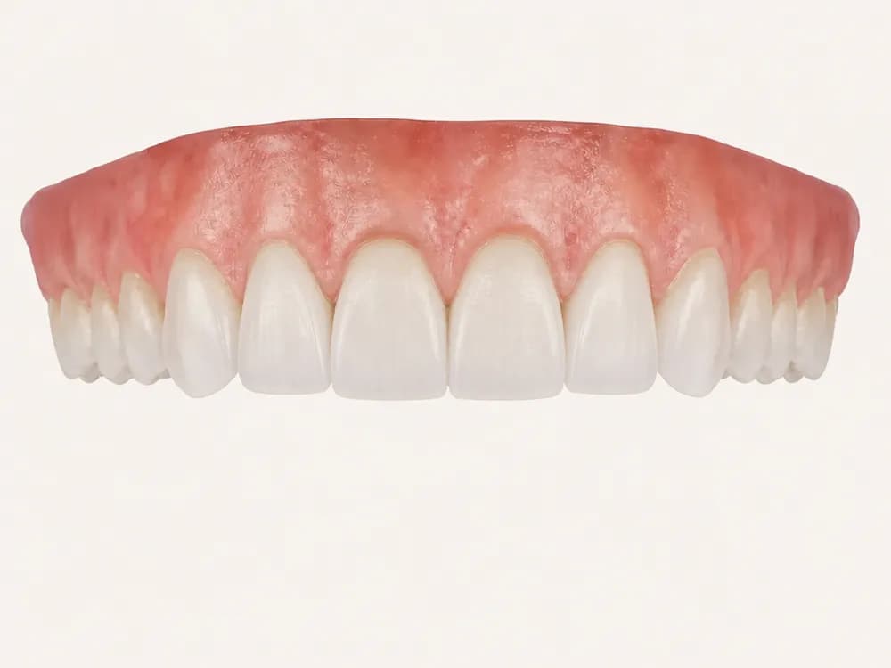 The finished ceramic veneers bonded onto the front teeth of the arch