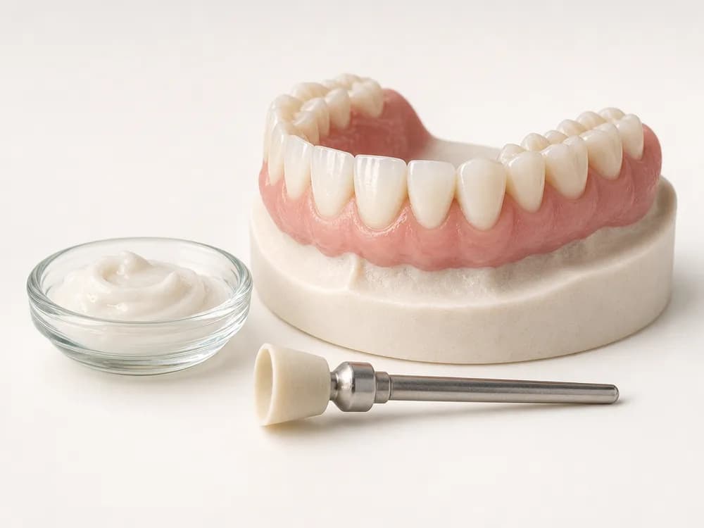 A dental polishing cup and paste beside a model of a dental arch