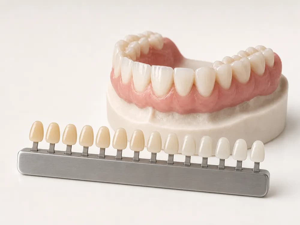 A shade guide of ceramic tabs held beside the model arch