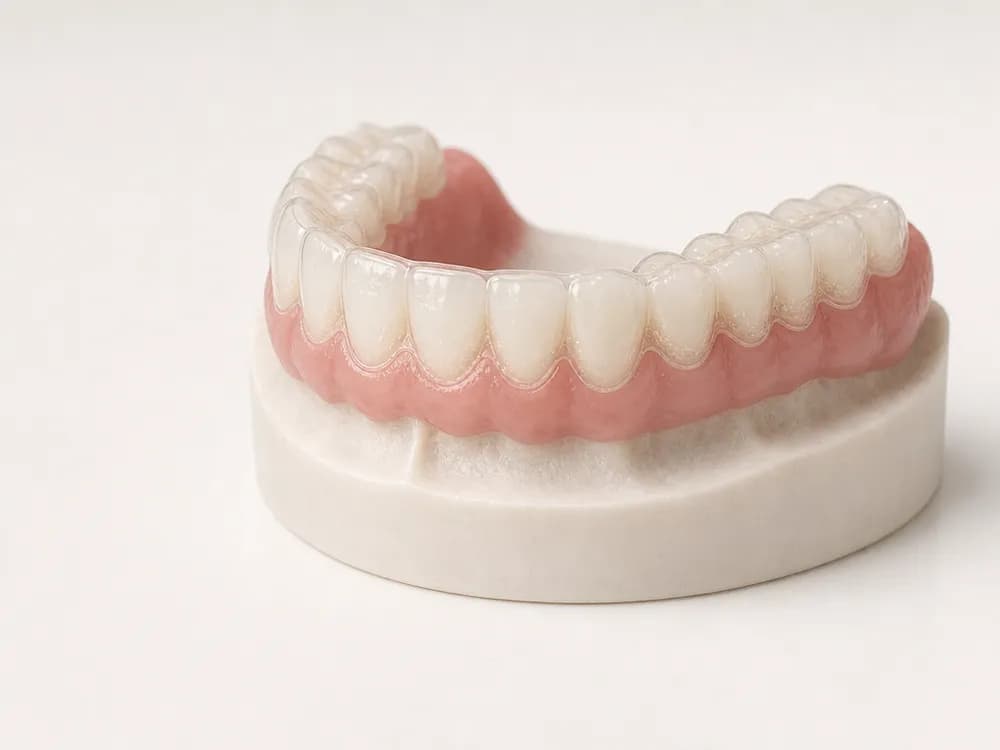 A clear fitted whitening tray seated over the arch with a thin layer of gel