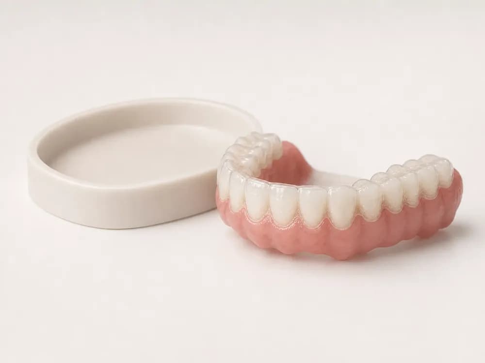 The whitening tray set down empty beside the model arch