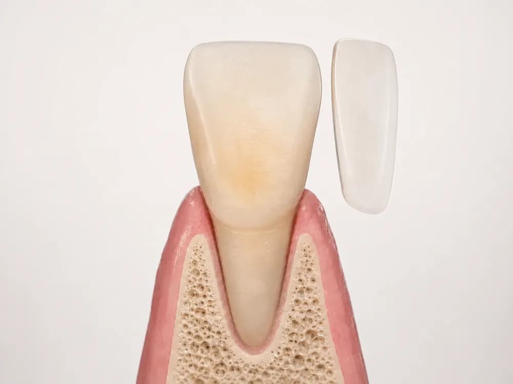 A wafer-thin ceramic veneer shown floating in front of the prepared tooth