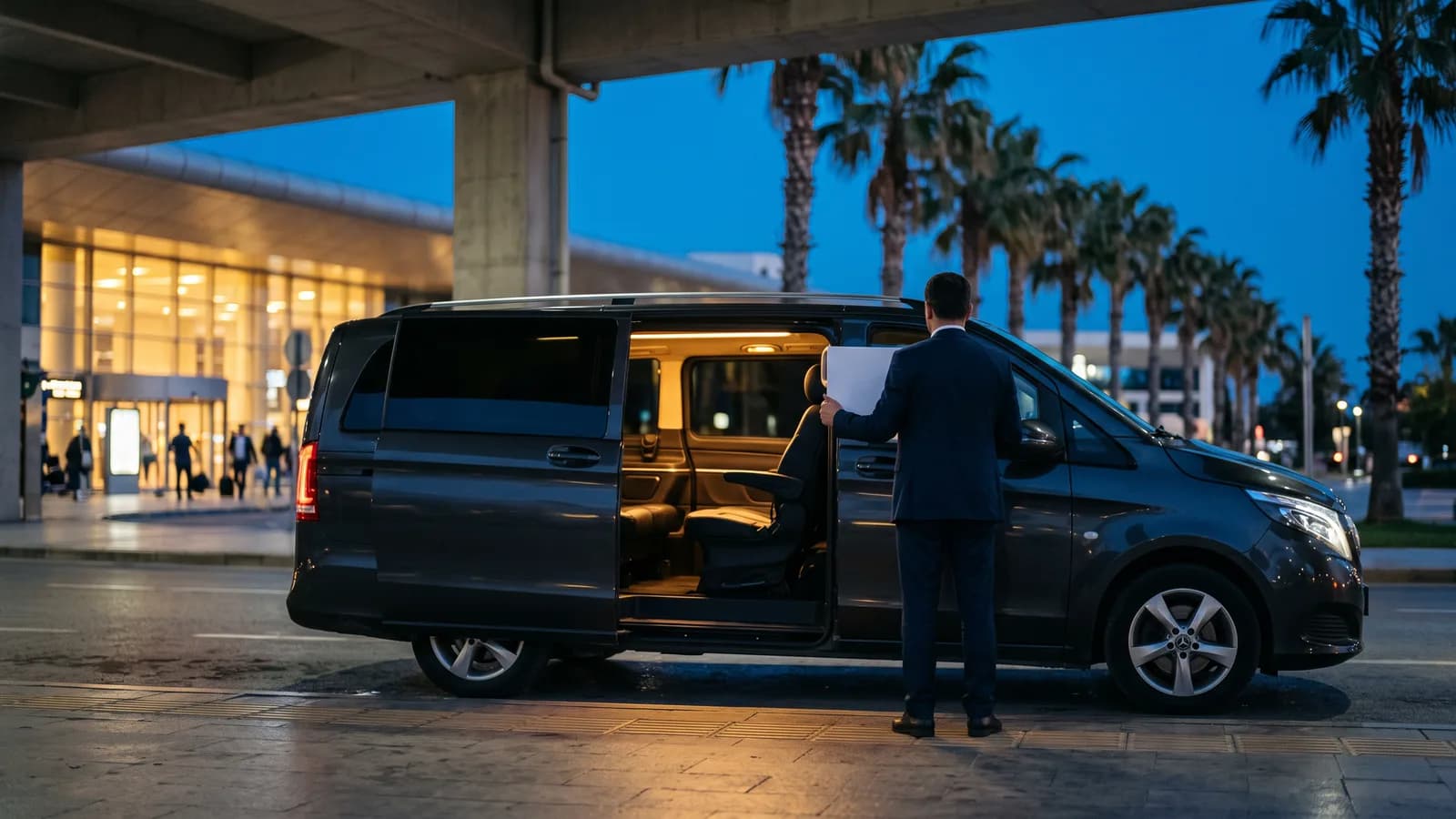 A dark premium transfer van waiting at an airport kerbside at dusk, its side door open and palm trees behind